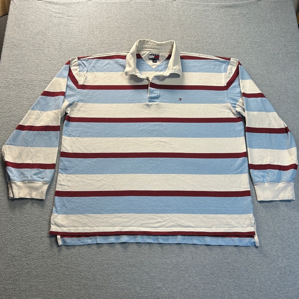 Tommy Hilfiger Rugby Polo Shirt Mens XXL Light Blue Burgundy Stripe Long Sleeve